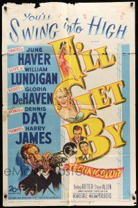 8f437 I'LL GET BY 1sh '50 sexy June Haver, Gloria DeHaven & Harry James playing his trumpet!