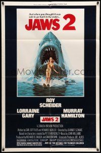 8f451 JAWS 2 1sh '78 art of giant shark attacking girl on water skis by Lou Feck!