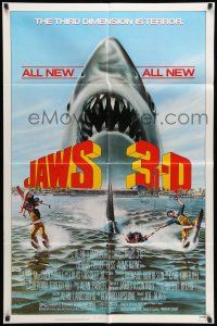 8f452 JAWS 3-D 1sh '83 great Gary Meyer shark artwork, the third dimension is terror!