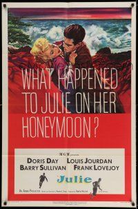 8f465 JULIE 1sh '56 what happened to Doris Day on her honeymoon with Louis Jourdan?
