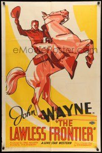8f003 LAWLESS FRONTIER 1sh '34 great art of cowboy John Wayne doffing his hat on rearing horse!