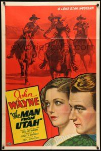 8f002 MAN FROM UTAH 1sh '34 stone litho art of John Wayne, Polly Ann Young & cowboys, super rare!