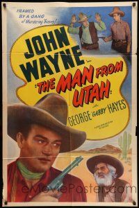 8f543 MAN FROM UTAH 1sh R47 stone litho art of young John Wayne & Gabby Hayes!