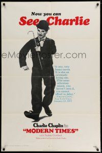 8f568 MODERN TIMES reviews 1sh R72 great image of Charlie Chaplin running with gears in background!