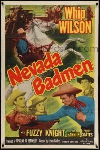 8f590 NEVADA BADMEN 1sh '51 Whip Wilson with Phyllis Coates, punching bad guy & on horse!