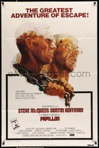 8f630 PAPILLON 1sh '74 wonderful art of prisoners Steve McQueen & Dustin Hoffman by Tom Jung!