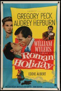 8f724 ROMAN HOLIDAY 1sh '53 Audrey Hepburn & Gregory Peck about to kiss and riding on Vespa!
