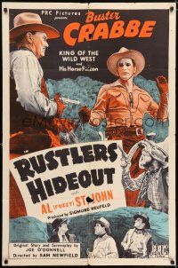 8f733 RUSTLER'S HIDEOUT 1sh '45 stone litho close up of Buster Crabbe fighting bad guy!
