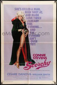 8f749 SCORCHY 1sh '76 full-length art of sexiest barely-dressed Connie Stevens in black cape!