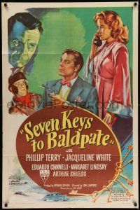 8f767 SEVEN KEYS TO BALDPATE style A 1sh '47 art of sexy Jacqueline White & Phillip Terry!