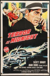 8f881 TERROR AT MIDNIGHT 1sh '56 Scott Brady, Joan Vohs, film noir, cool car crash art!