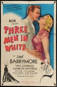 8f895 THREE MEN IN WHITE 1sh '44 Barrymore, Van Johnson, sexy Marilyn Maxwell, Hirschfeld art!