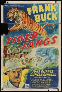 8f899 TIGER FANGS 1sh '43 Frank Buck, great art of big cat & elephants!