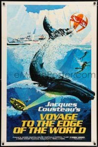 8f944 VOYAGE TO THE EDGE OF THE WORLD 1sh '76 Jacques-Yves Cousteau, cool art of whale & divers!