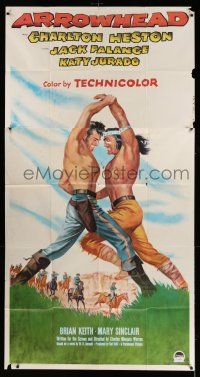 8g607 ARROWHEAD 3sh '53 full art of Charlton Heston fighting Native American Jack Palance!