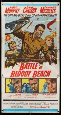 8g614 BATTLE AT BLOODY BEACH 3sh '61 Audie Murphy blazing and blasting the Pacific wide open!