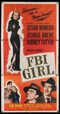 8g684 FBI GIRL 3sh '51 sexy full-length image of Audrey Totter with gun, a woman on a man-hunt!