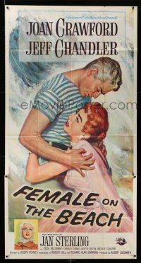 8g685 FEMALE ON THE BEACH 3sh '55 romantic art of scared Joan Crawford embracing Jeff Chandler!