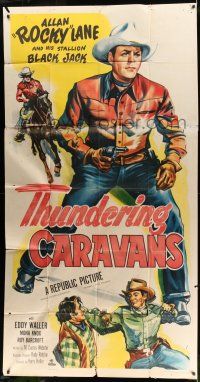 8g930 THUNDERING CARAVANS 3sh '52 great artwork of cowboy Rocky Lane w/smoking gun & Black Jack!