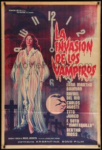 8g180 LA INVASION DE LOS VAMPIROS Argentinean '63 cool art of sexy vampire in see-through robe!