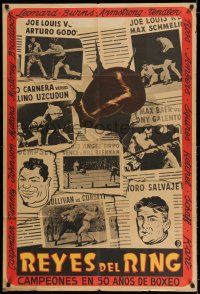 8g205 REYES DEL RING Argentinean '50s art of boxing glove punching through newspaper + greats!