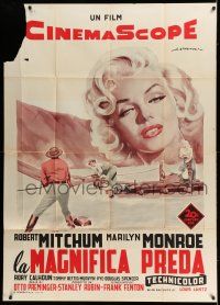 8g094 RIVER OF NO RETURN Italian 1p R59 different Spagnoli art of Mitchum & sexy Marilyn Monroe!