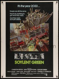 8j219 SOYLENT GREEN 30x40 '73 art of Charlton Heston trying to escape riot control by John Solie!