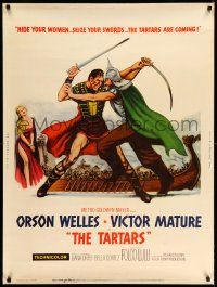 8j226 TARTARS 30x40 '61 great artwork of Victor Mature battling Orson Welles!