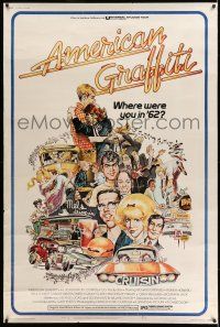 8j242 AMERICAN GRAFFITI 40x60 '73 George Lucas teen classic, wacky Mort Drucker artwork of cast!