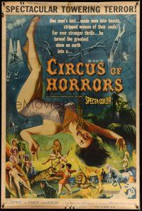 8j254 CIRCUS OF HORRORS 40x60 '60 outrageous horror art of sexy trapeze girl hanging by neck!