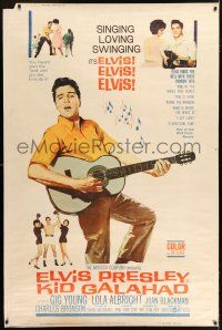 8j305 KID GALAHAD style Y 40x60 '62 art of Elvis Presley playing guitar, boxing, and romancing!