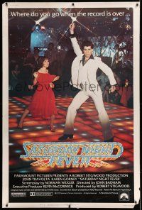 8j341 SATURDAY NIGHT FEVER 40x60 '77 best image of disco dancer John Travolta & Karen Lynn Gorney!