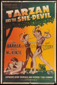 8j354 TARZAN & THE SHE-DEVIL 40x60 '53 sexy Joyce MacKenzie swings whip at barechested Lex Barker!
