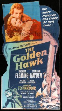 8j406 GOLDEN HAWK standee '52 romantic c/u of sexy Rhonda Fleming & Sterling Hayden + cool art!