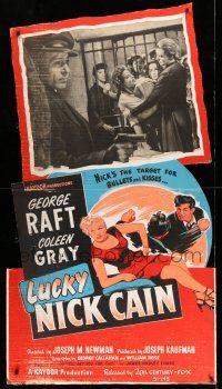 8j423 LUCKY NICK CAIN standee '51 George Raft is the target for bullets & Coleen Gray's kisses!