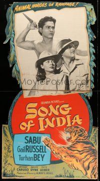 8j442 SONG OF INDIA standee '49 photo of Sabu, Gail Russell & Turhan Bey, cool tiger artwork!