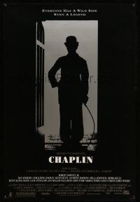 8k136 CHAPLIN 1sh '92 great silhouette image of Robert Downey Jr. as Charlie!
