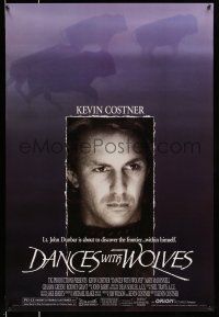 8k191 DANCES WITH WOLVES DS 1sh '90 close portrait of Kevin Costner & running buffalo!