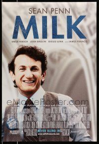 8k488 MILK DS 1sh '08 Gus Van Sant, close-up of Sean Penn in his Best Actor Academy role!