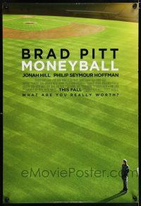 8k502 MONEYBALL advance DS 1sh '11 great image of Brad Pitt standing on baseball field!