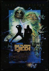 8k621 RETURN OF THE JEDI style E advance 1sh R97 George Lucas classic, cool montage artwork by Drew