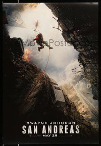 8k644 SAN ANDREAS teaser DS 1sh '15 Dwayne Johnson hanging from helicopter, disaster action!