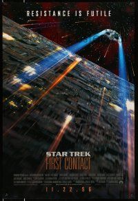 8k721 STAR TREK: FIRST CONTACT int'l advance DS 1sh '96 image of starship Enterprise above Borg cube