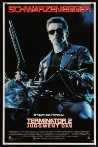 8k755 TERMINATOR 2 video poster '91 Arnold Schwarzenegger on motorcycle with shotgun!