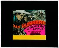 8m182 HONOR OF THE RANGE glass slide '34 cool artwork & photo of cowboy hero Ken Maynard!