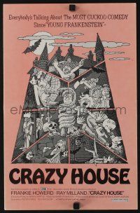 8m503 HOUSE IN NIGHTMARE PARK pressbook '77 English horror comedy, wacky cartoon art, Crazy House!