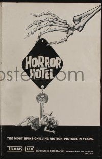 8m500 HORROR HOTEL pressbook '62 Christopher Lee, wild horror art of skeleton hand holding key!