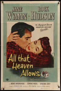 8p029 ALL THAT HEAVEN ALLOWS 1sh '55 close up romantic art of Rock Hudson kissing Jane Wyman!