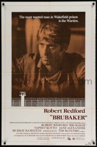 8p134 BRUBAKER 1sh '80 warden Robert Redford is the most wanted man in Wakefield prison!