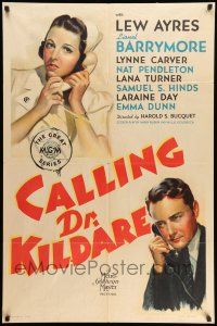 8p145 CALLING DR. KILDARE 1sh '39 artwork of Lew Ayres talking to nurse Laraine Day on phone!